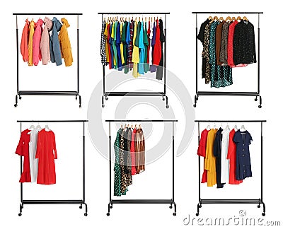Set of wardrobe racks with different clothes on background Stock Photo