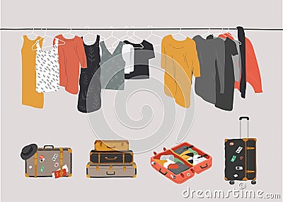Set of wardrobe stuff. Closet wardrobe furniture inside. Various bag, shoes, cosmetics and trendy clother. Interior Vector Illustration