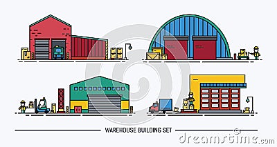 Set of warehouse buildings of different shape with freight transport. Isometric. Lineart. Colorful. Vector Illustration