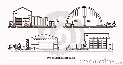 Set of warehouse buildings of different shape with freight transport. Isometric. Lineart. Contour illustration. Vector Illustration