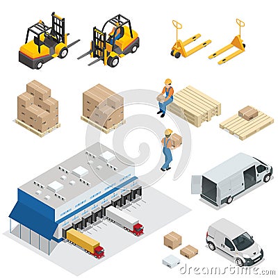 Set of Warehouse equipment. Shipping and delivery flat elements. Workers boxes forklifts and cargo transport. Vector Illustration