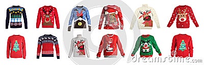 Set of warm Christmas sweaters on background. Banner design Stock Photo