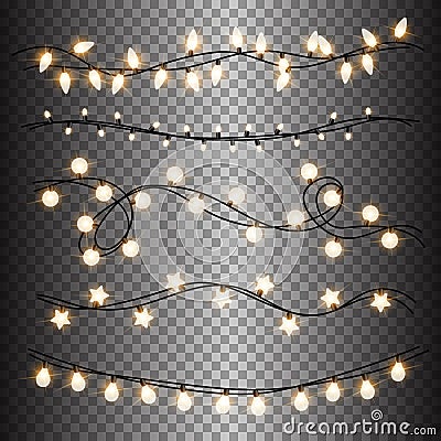 Set of warm light lamps garlands, festive decorations. Glowing christmas lights on transparent background Vector Illustration