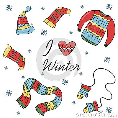 Set of warm winter clothing Vector Illustration