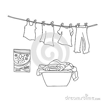 A set of washing with a basin, detergent powder and clothes on a line. Black and white linear illustration. Vector image Vector Illustration