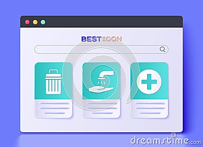 Set Washing hands with soap, Trash can and Cross hospital medical icon. Vector Vector Illustration