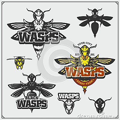 Set of Wasp labels, badges, icons and design elements. Dangerous stinging insects collection. Sport club emblems. Vector Illustration