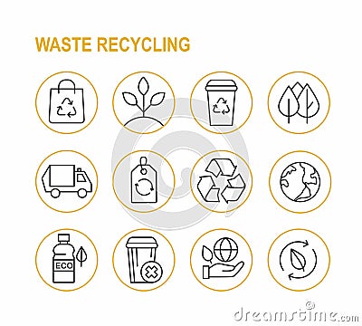 Set of waste recycling icons. Linear ecology signs. Vector Illustration