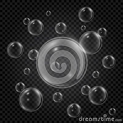 Set of water bubbles with reflection on transparent background. Realistic underwater bubbles. 3d bubble. Fizzing air Vector Illustration