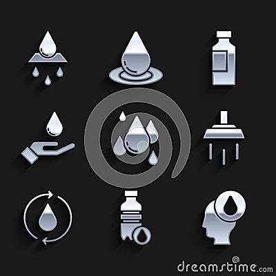 Set Water drop, Bottle of water, Shower, Recycle clean aqua, Washing hands with soap, and icon. Vector Vector Illustration