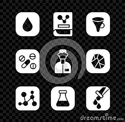 Set Water drop, Chemistry book, Funnel or filter, Chemical formula, Test tube and flask, Medicine pill tablet and Vector Illustration