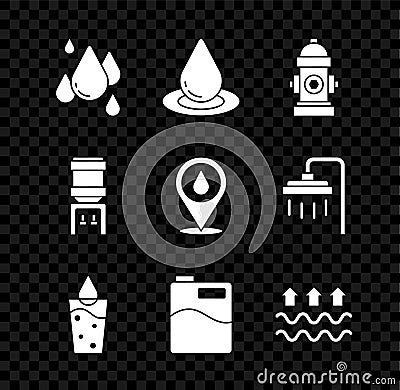 Set Water drop, Fire hydrant, Glass with water, Big bottle clean, Waves of and evaporation, cooler and location icon Vector Illustration