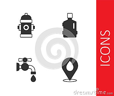 Set Water drop with location, Fire hydrant, tap and Big bottle clean water icon. Vector Vector Illustration