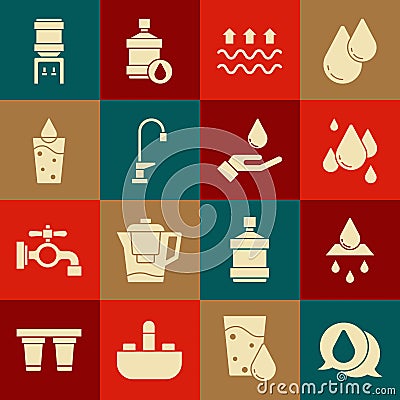 Set Water drop, Recycle clean aqua, Waves of water and evaporation, tap, Glass with, cooler and Washing hands soap icon Stock Photo