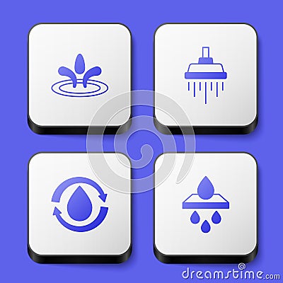 Set Water drop, Shower, Recycle clean aqua and filter cartridge icon. White square button. Vector Stock Photo
