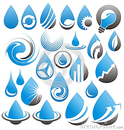 Set of water drops icons, symbols, logos and design elements Vector Illustration