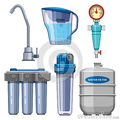 Set of water filter icons, water filtration system Vector Illustration