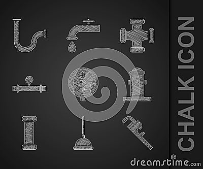 Set Water meter, Rubber plunger, Pipe adjustable wrench, Fire hydrant, Industry metallic pipe, and manometer, and icon Vector Illustration