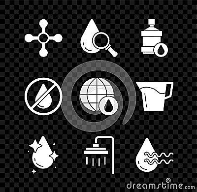 Set Water tap, Drop and magnifying glass, Big bottle with clean water, drop, Shower, Recycle aqua, forbidden and Earth Stock Photo