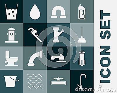Set Water tap, filter, Rubber plunger, Industry metallic pipe, Pipe adjustable wrench, Fire hydrant, Glass with water Vector Illustration