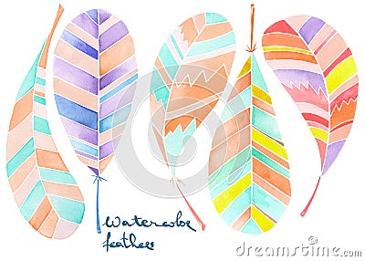 Set of watercolor abstract feathers Stock Photo