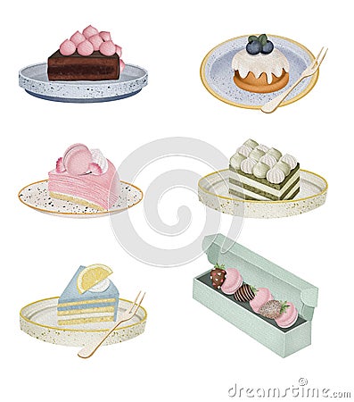 Set of watercolor aesthetic desserts and confectionery in plates Cartoon Illustration