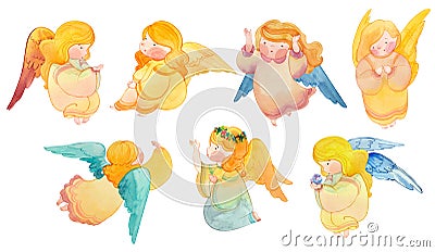 Set of watercolor angel with wings isolated on white background. Easter, Christmas angel illustration, hand-drawn illustrations Cartoon Illustration