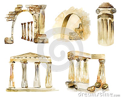 Set of watercolor antique architectural elements Cartoon Illustration