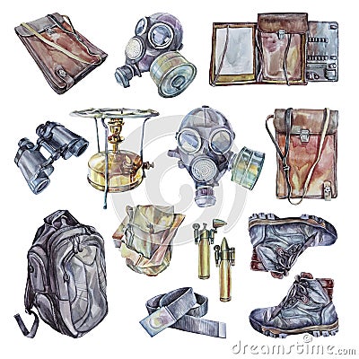 Set watercolor army stalker accessories: gas mask, retro file folder, oil stove, military tourism backpack, boots shoes Stock Photo