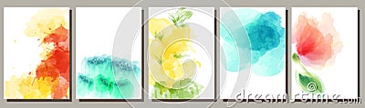 Set of watercolor backgrounds, flowers, design of postcards, invitations, advertisements Vector Illustration