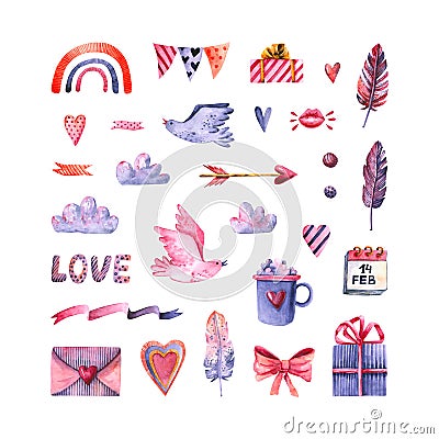 Set of watercolor bird, cloud, envelope, heart, gift, feather. Hand drawn illustrations isolated on white. Decoration icons are Cartoon Illustration