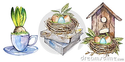 Set watercolor birdhouse with Spring flowers, eggs, bird nest, mug flower. Easter design Stock Photo