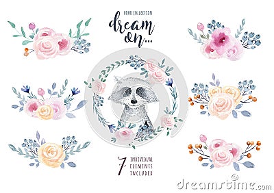 Set of watercolor boho floral bouquets with raccoon. Watercolour Cartoon Illustration