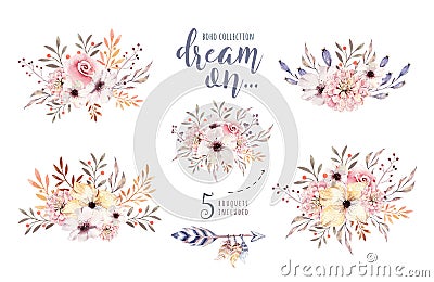 Set of watercolor boho floral bouquets. Watercolour bohemian natural frame: leaves, feathers, flowers, Isolated on white Stock Photo