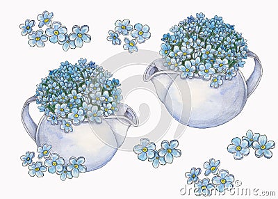 Set of watercolor bouquet of forget-me-nots flowers Stock Photo