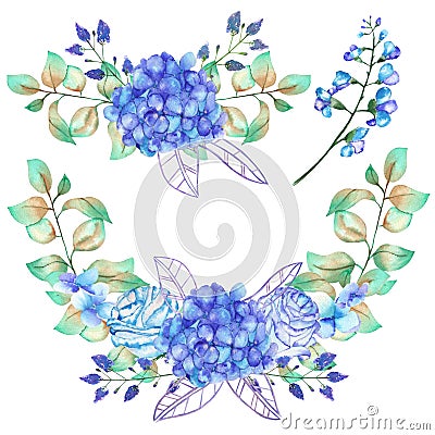 A set of the watercolor bouquets with the blue Hydrangea flowers Stock Photo