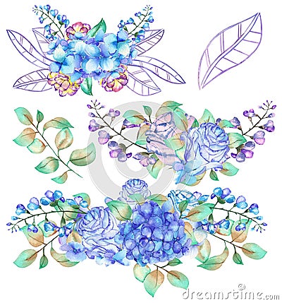 A set of the watercolor bouquets with the blue Hydrangea flowers Stock Photo