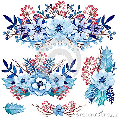 Set of Watercolor Bouquets with Blue Leaves, Flowers and Red Berries Stock Photo