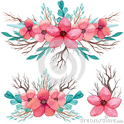 Set Of Watercolor Bouquets With Branches And Pink Flowers Stock Photo