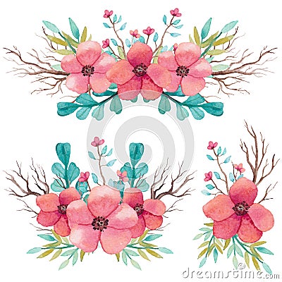 Set Of Watercolor Bouquets With Branches And Pink Flowers Stock Photo