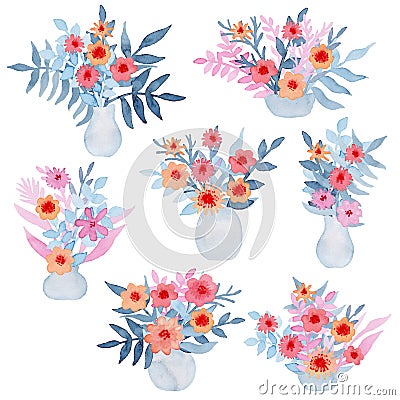 Set Of Watercolor Bouquets with Bright Flowers and Gentle Leaves Stock Photo