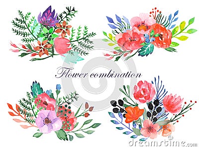 Set of watercolor bouquets with flowers, leaves and plants Stock Photo