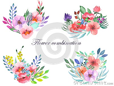 Set of watercolor bouquets with flowers, leaves and plants Stock Photo