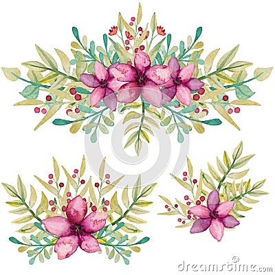 Set Of Watercolor Bouquets With Flowers Stock Photo