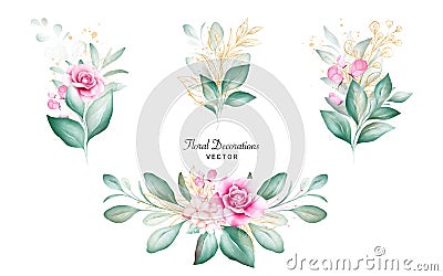 Set of watercolor bouquets for logo or wedding card composition. Botanic decoration illustration of peach and red roses, leaves, Vector Illustration