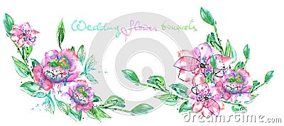 Set of watercolor bouquets with pink and purple flowers and green leaves Stock Photo