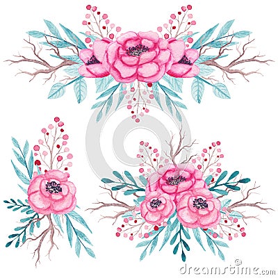 Set Of Watercolor Bouquets With Pink Roses And Leaves Stock Photo