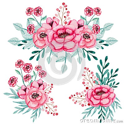 Set Of Watercolor Bouquets With Pink Roses And Leaves Stock Photo