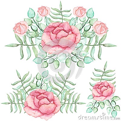 Set Of Watercolor Bouquets With Roses And Ferns Stock Photo