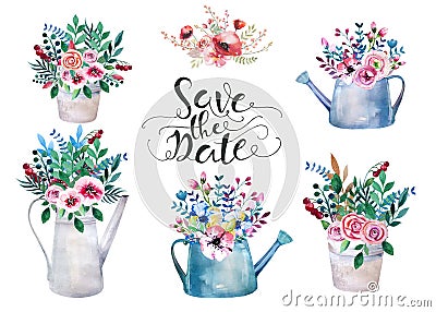 Set of watercolor bouquets. spring flowers in pot. Rustic Stock Photo